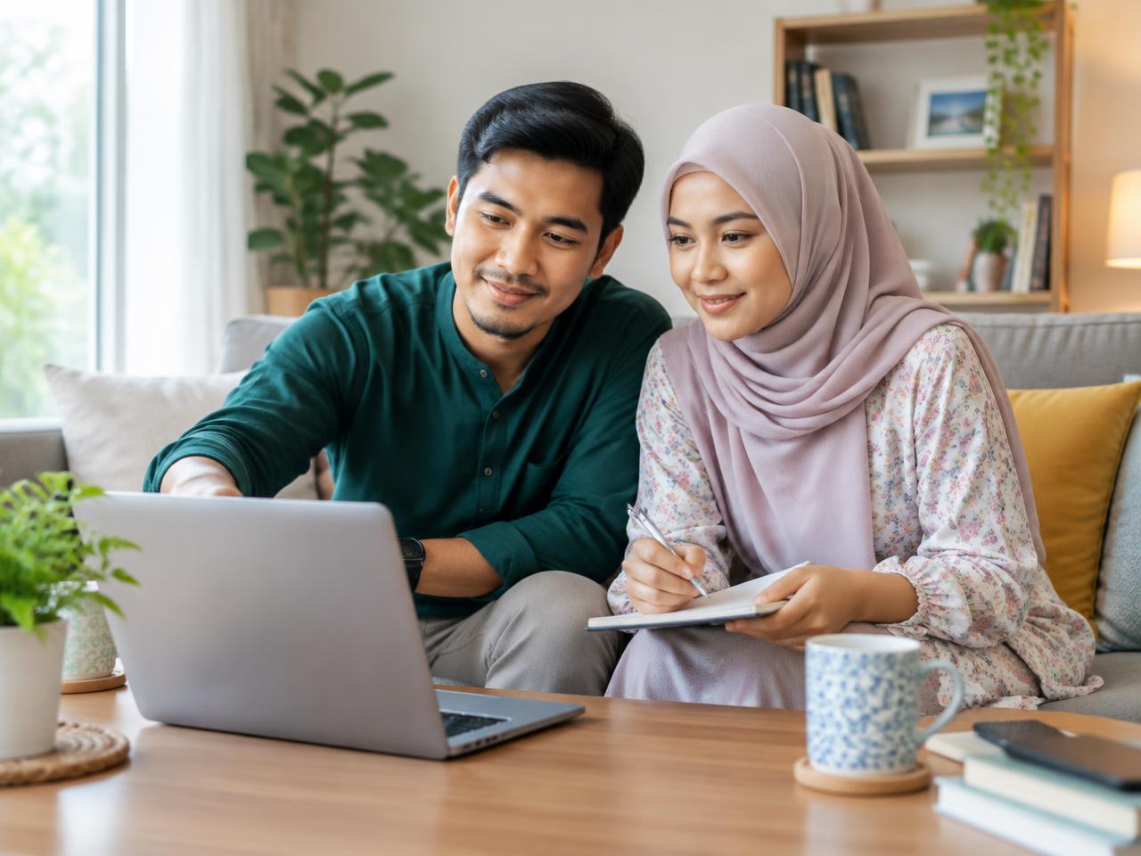 A couple planning together at home